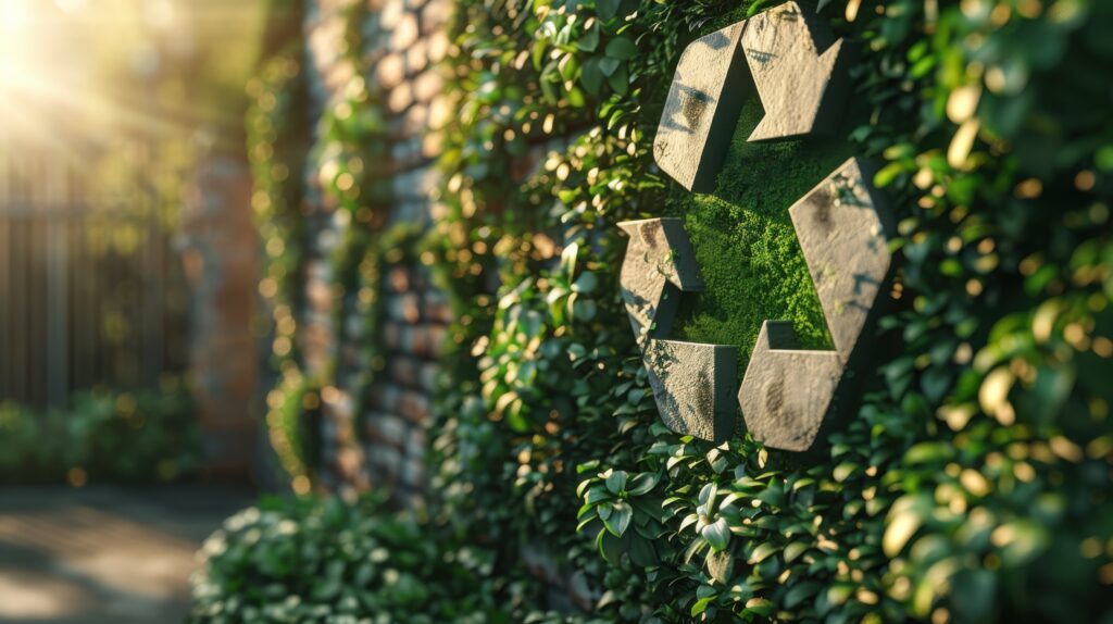 Recycling symbol on lush green foliage