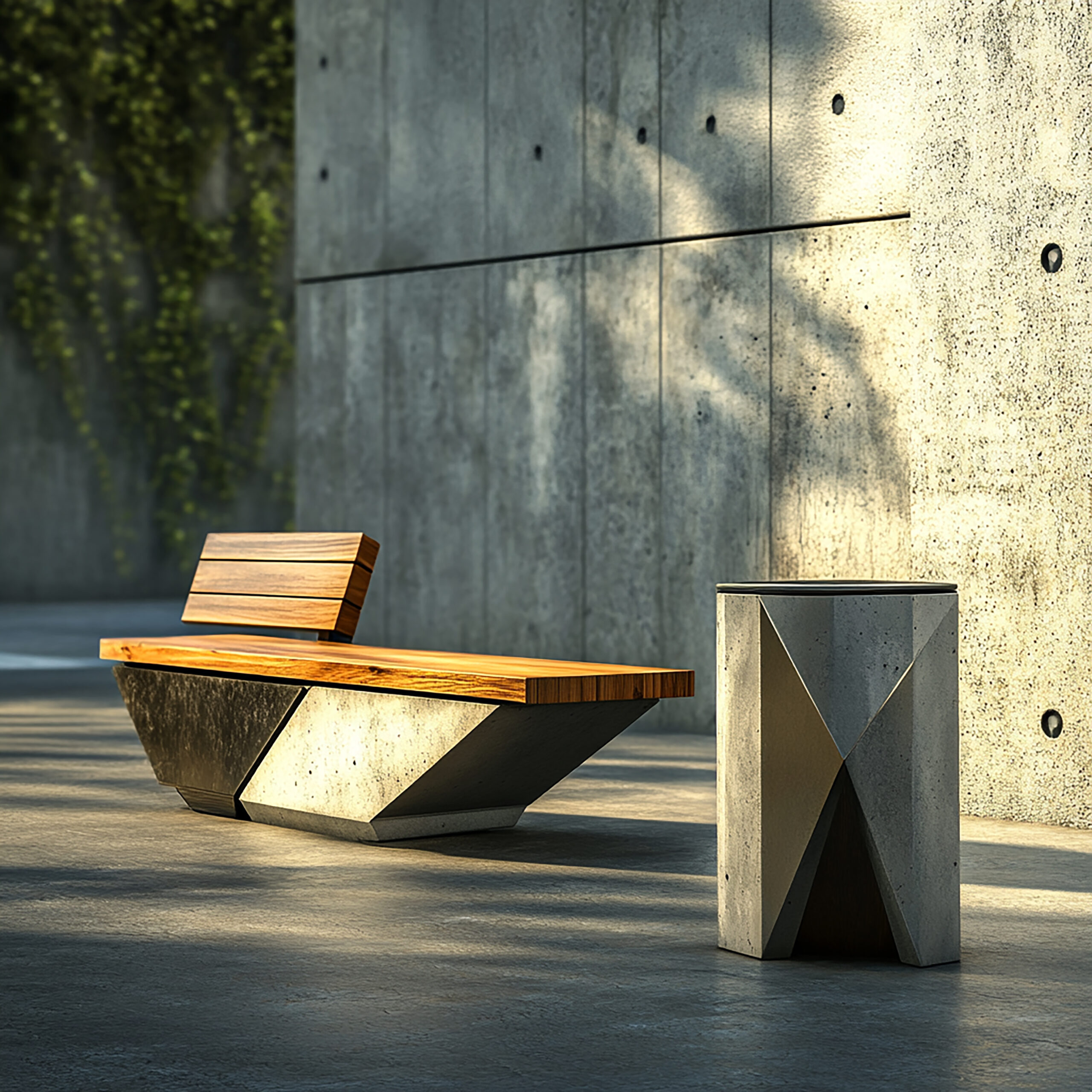 two-benches-are-front-concrete-wall-with-square-shape-bottom